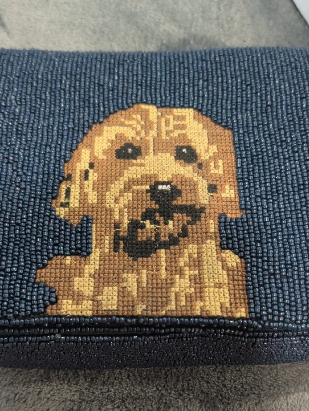 Blue Beaded Dog Shoulder Bag with Golden Dog Motif